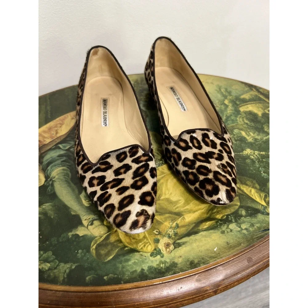 Manolo Blahnik Leopard Print Calf Hair Pointed Toe Slip On Ballet Flats EU 37